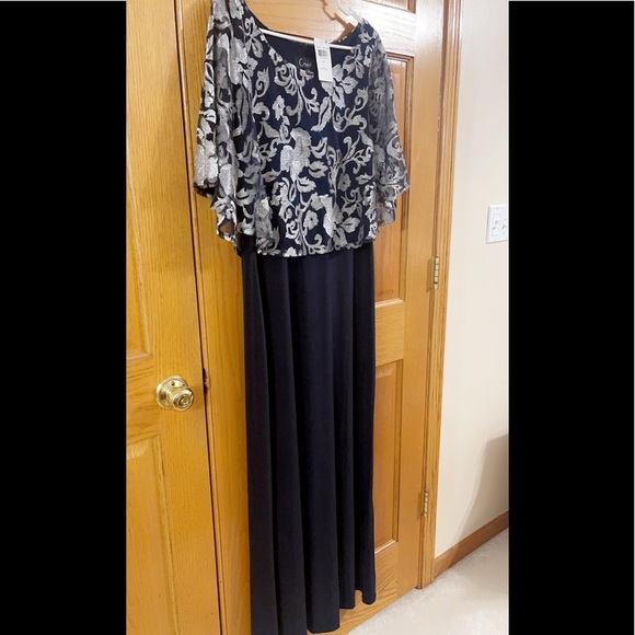 Formal Dress Plus Sz 14 14W 16W 18W 20W Connected Navy Maxi Floral Overlay Cape - Picture 7 of 8